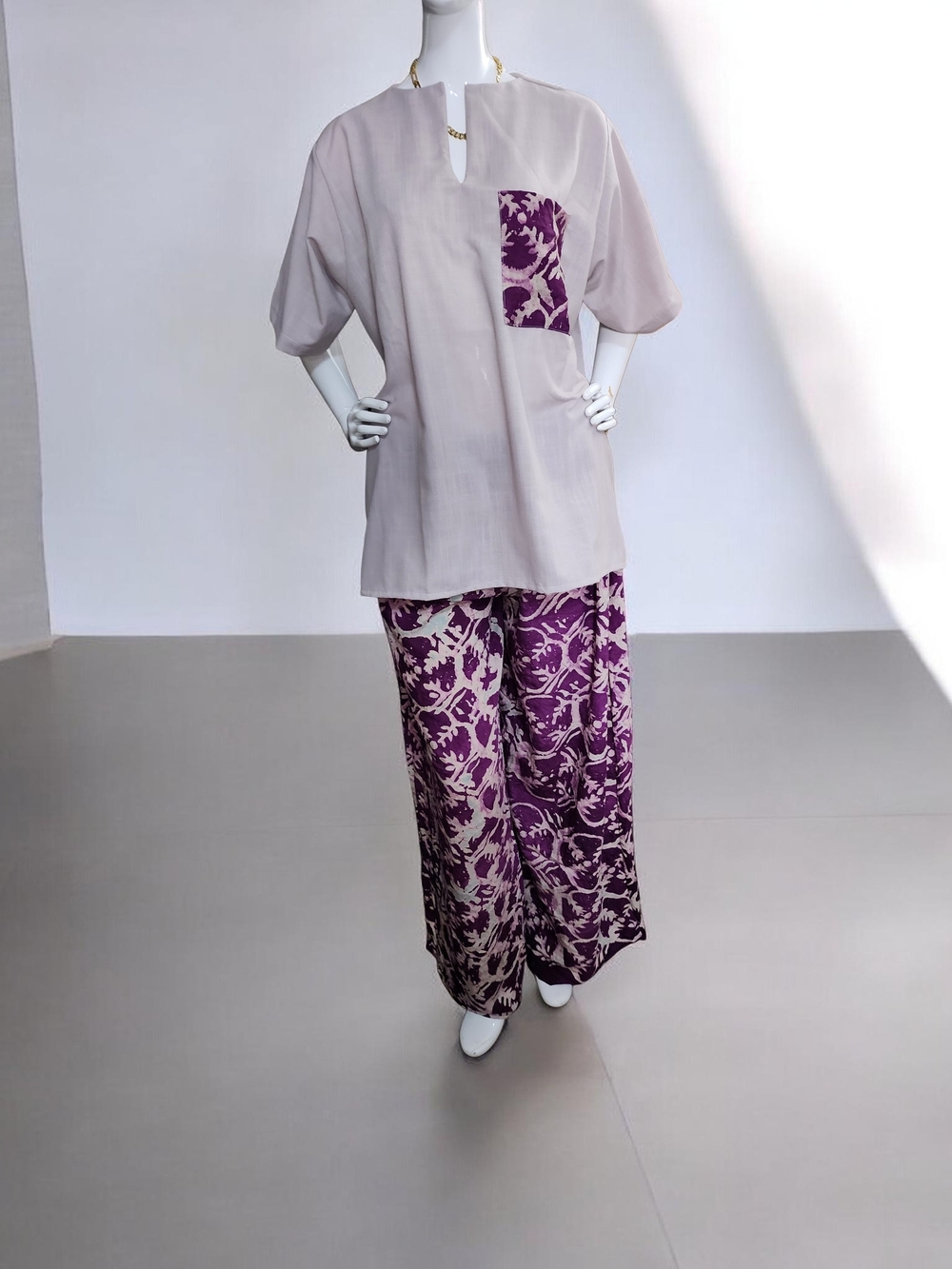 Relaxed Two-Piece Women's Set in Light Beige and Purple
